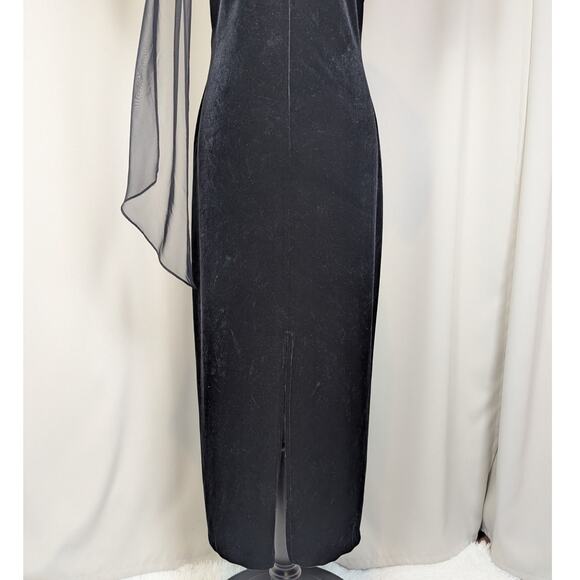90s Vintage Velvet Short Sleeve Midi Formal Dress Gown With Chiffon Scarf Black - Picture 11 of 16